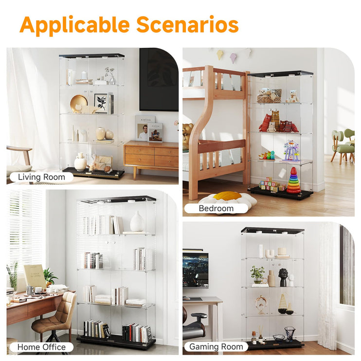 Tempered Glass Display Cabinet with Lights, 4-Tier Curio Cabinet with Glass Doors and Lock, Glass Display Case for Collectibles, for Living Room, Bedroom, Office, Black, Double Door