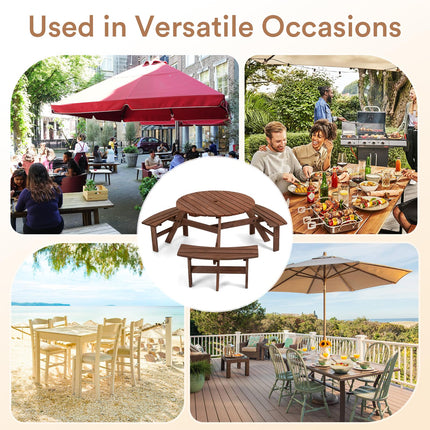 6 Person Wood Picnic Table, Round Tabletop with Umbrella Hole, 3 Built-in Curved Benches, 1720LBS Total Capacity for Patios, Backyard, Brown