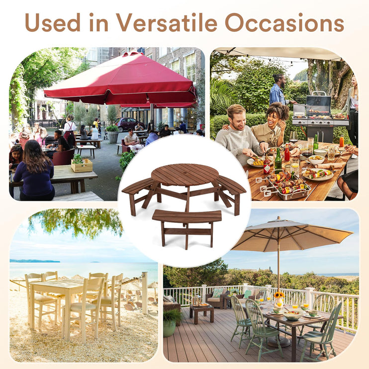6 Person Wood Picnic Table, Round Tabletop with Umbrella Hole, 3 Built-in Curved Benches, 1720LBS Total Capacity for Patios, Backyard, Brown