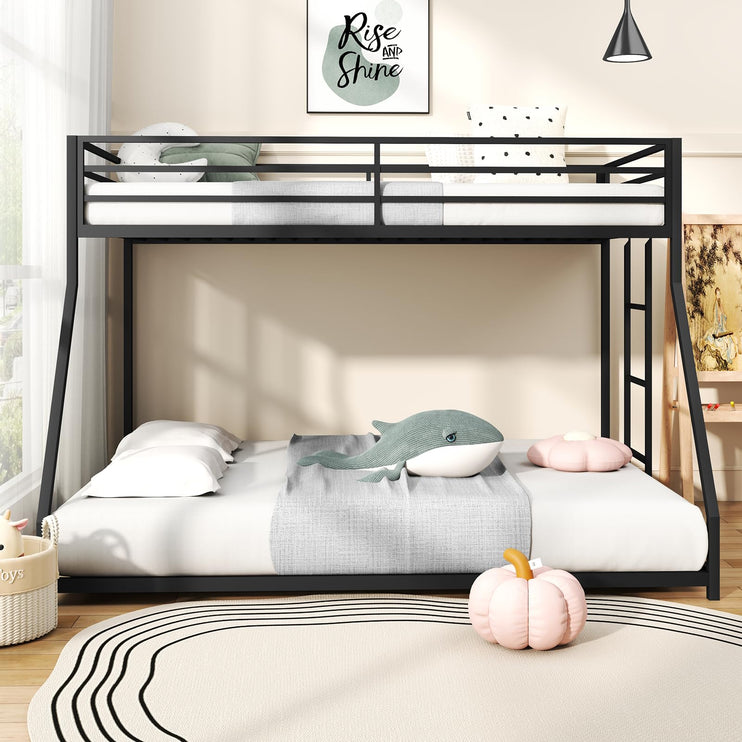 Twin Over Full Size Bunk Bed, Metal Low Profile Bunkbeds with Full-Length Guardrail and Ladder, Space Saving, No Boxing Spring Needed, Black