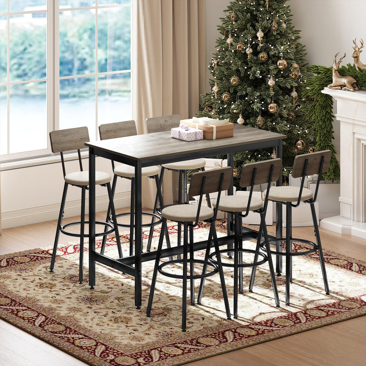 Dining Table Set for 6, 7-Piece Bar Table Set, Kitchen Table and Chairs, Counter Height High Top Table with 6 PU Upholstered Stools, Space-Saving Pub Tables Set for Small Space, Grey