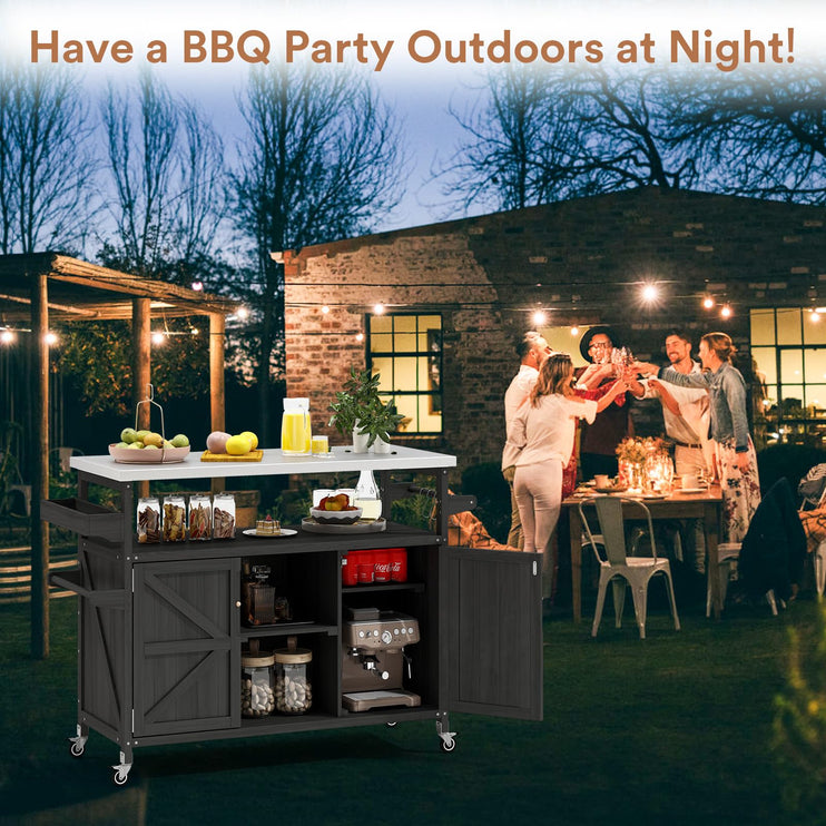 Outdoor Grill Cart, Stainless Steel Tabletop Outdoor Kitchen Island, Solid Wood Outdoor Buffet Cabinet with Lockable Wheels for Grilling, Black