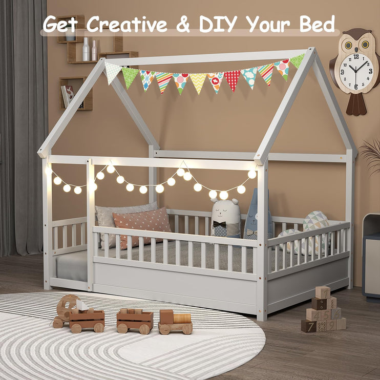 Twin House Bed for Kids, Wooden Montessori Bed with Fence and Roof for Toddlers, Kids Floor Bed Frame for Girls & Boys, Twin Grey