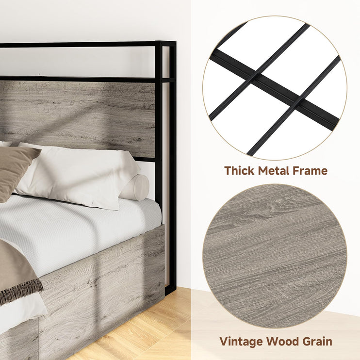 Queen Bed Frame with 4 Drawers & Headboard, Queen Size Metal Platform Bed Frame with Charging Station, LED Lights, Sturdy & Stable Queen Size Bedframe, Noiseless, No Box Spring Needed