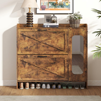 40.51" Shoe Storage Cabinet with 2 Flip Drawers & Side Cabinet, Flip Drawer Shoe Cabinet with Mirror and Adjustable Shelves, Wooden Shoe Organizer Cabinet for Entryway, Livingroom, Brown