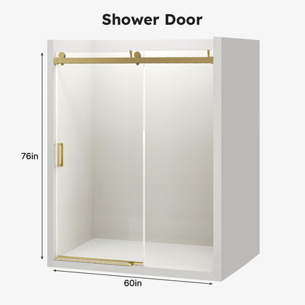 56"-60" W x 76" H Frameless Shower Door, Sliding Shower Door with 1/4" (6mm) Clear Tempered Glass, Silent Soft-Close Shatterproof Shower Doors, Reversible Installation, Aluminum, Gold