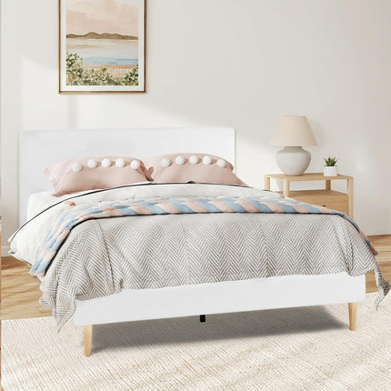 Upholstered Bed Frame Full/Queen, Velvet Upholstered Bed Frame with Headboard, Mattress Foundation with Sturdy Wooden Slats, No Box Spring Needed, No Noise, White