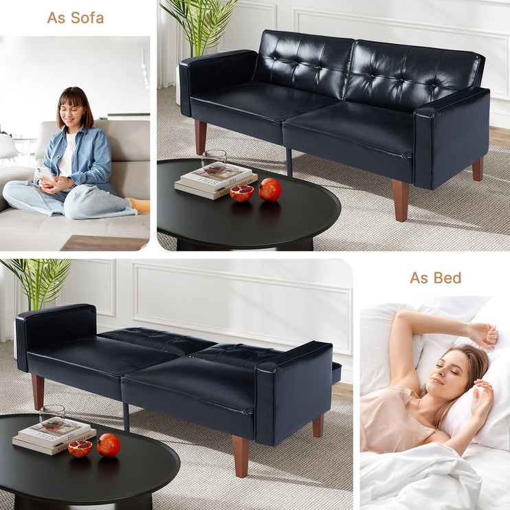 Futon Sofa Bed Futon Couch Loveseat, Convertible Recliner Lounge with Adjustable Backrest, Foam and Spring Cushions for Living Room Apartment Office, PU Leather, Glossy Black