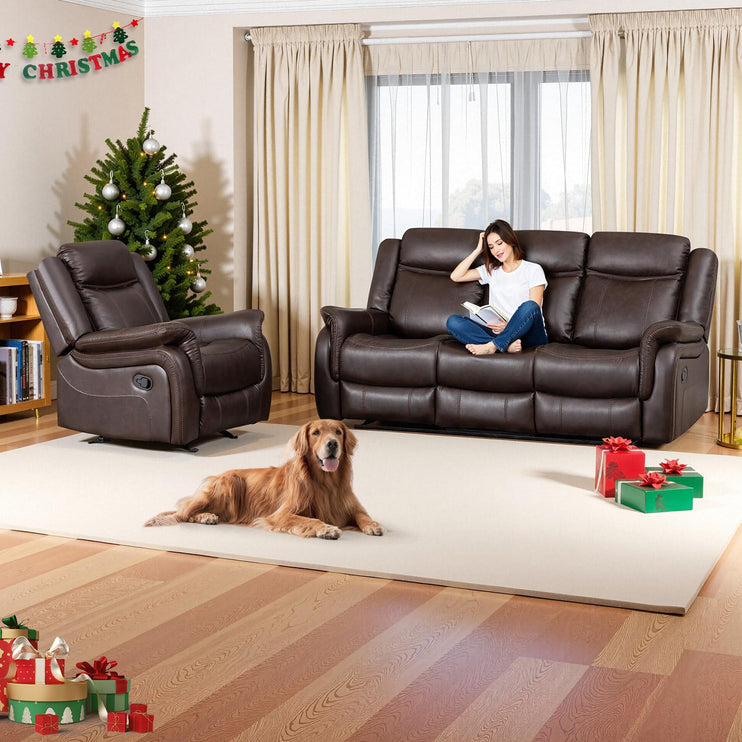 3-Piece Recliner Sofa Set, 1+2+1, 1+3+1, 1+2+3 Pieces in Living Room, Loveseat Sofa, Recliner Chair & Sofa Set with PU Leather, Cup Holders, Backrest & Angle Adjustment for Office & Home Theater, Brown Seat