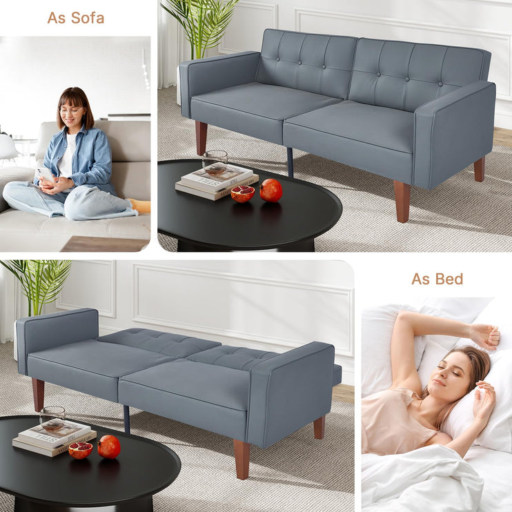 Futon Sofa Bed Futon Couch Loveseat, Convertible Recliner Lounge with Adjustable Backrest, Foam and Spring Cushions for Living Room Apartment Office, PU Leather, Dark Gray