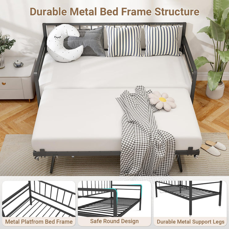 Twin Daybed with Pop Up Trundle, Metal Day Bed Frame with LED Lights and Charging Station, Day Bed with Trundle Bed Twin, Black Daybed for Living Room, Bedroom, Guest Room