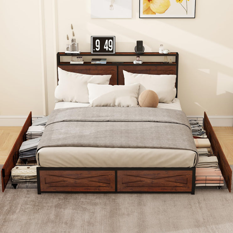 Queen Size Storage Bed Frame with 6 Underbed Drawers, Queen Platform Bed Frames with Charger & LED Lights, Metal Slats & Wooden Headboard, Easy Assembly, Reddish Brown