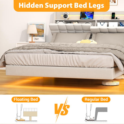Floating Queen Bed Frame with Storage, Upholstered Platform Bed Frame Queen with LED Lights, Floating Bed Frame with Headboard, Charging Station with USB Ports, Noiseless, White