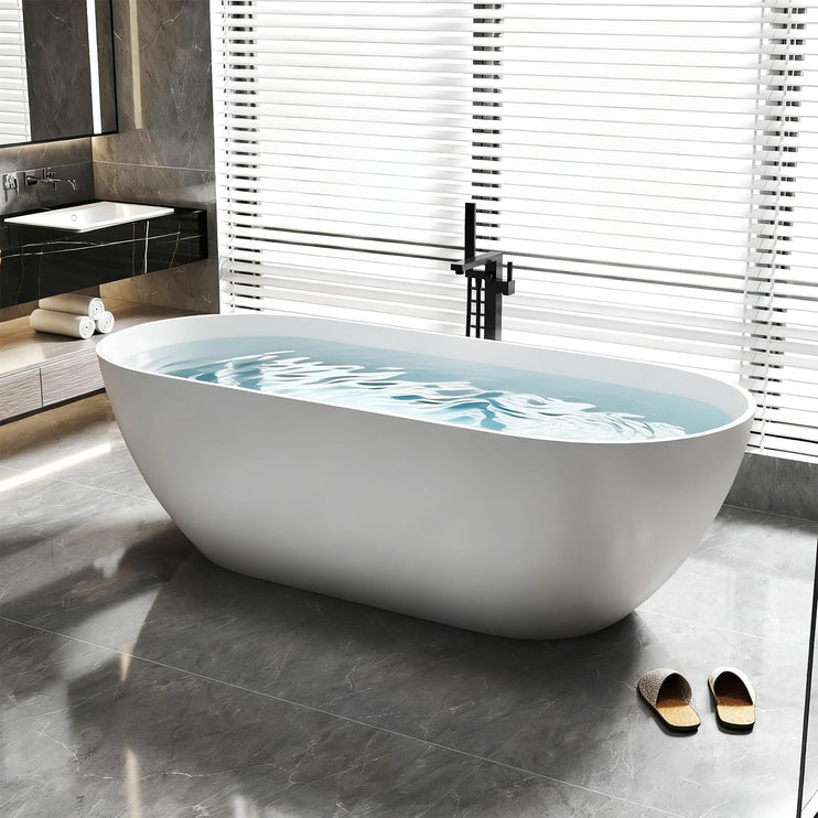 59/63/69 Inch Solid Surface Freestanding Bathtub, Oval Shaped Soaking Stone Resin Bath Tub with Brushed Overflow and Drain, Matte White Stand Alone Bathtub, cUPC Certified