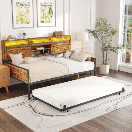 Twin Daybed with Trundle Bed, Rustic Farmhouse Daybed Frame with Sliding Barn Door Headboard LED Lights and Charging Station, Heavy Duty Metal Daybed for Bedroom Living Room Guest Room Brown