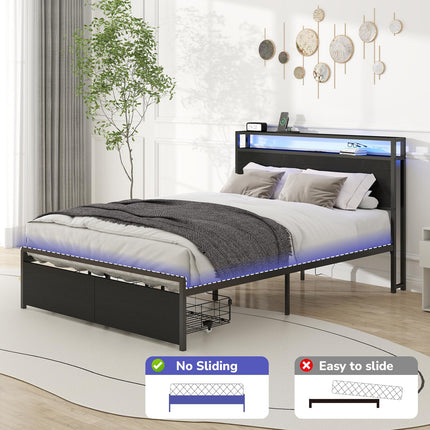 Full Bed Frame with 2 Storage Drawers, Bed Frame Full Size with Headboard, LED Light, Charging Station with 2 USB Ports & 2 AC Ports, Noiseless, Black