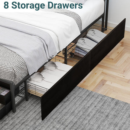 Full Bed Frames with Headboard, Full Size Storage Bed Frame with 8 Drawers, Built-in Charging Ports & Outlets, Adjustable Atmospheric LED Lights, Full-Size Metal Foundation Beds Base, Black