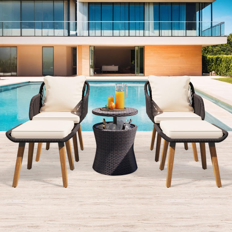 5 Piece Rope Patio Furniture Set, All-Weather Conversation Sets for Backyard with Handwoven Armchairs, Ottomans, Pop-Up Cool Bar Wicker Table, Beige