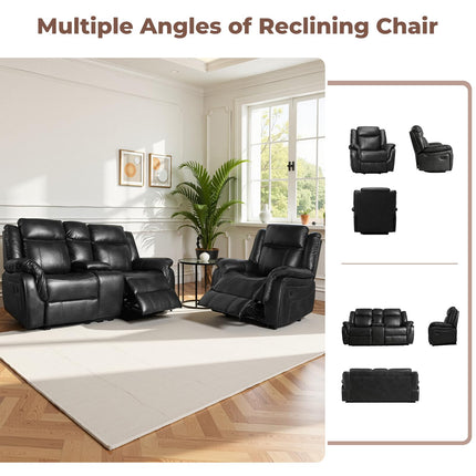 Leather Manual Recliner Sofa Set, Reclining Sofa Chair with Adjustable Angle, Living Room Furniture Sets, Includes Single Recliner Chair and Loveseat Sofa, Black