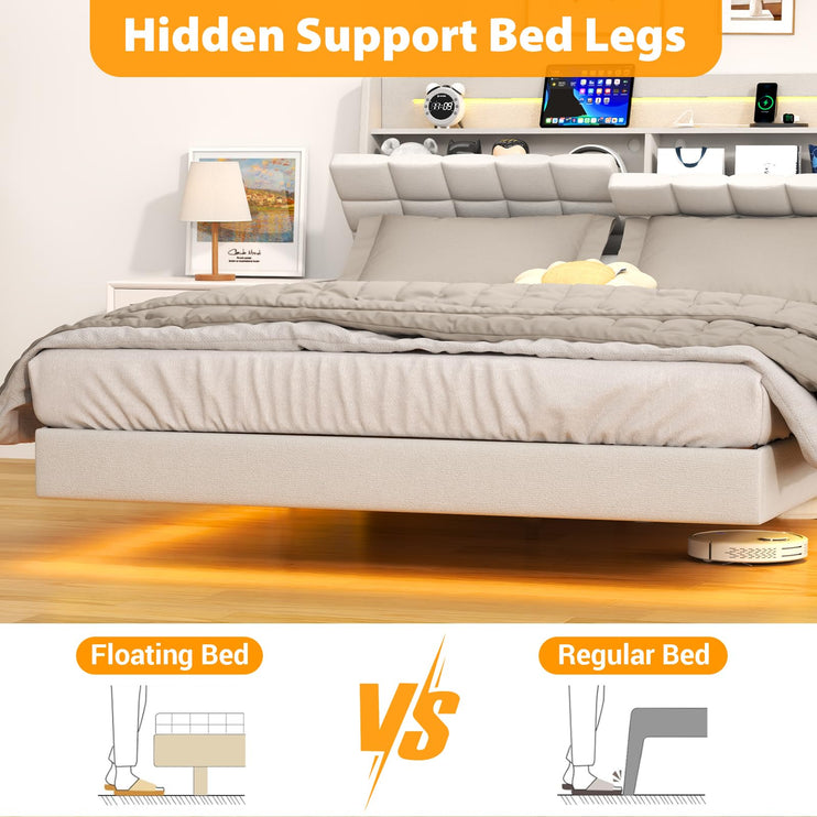 Floating King Bed Frame with Storage Headboard, Upholstered Platform Floating Bed Frame King with LED Lights, Charging Station with USB Ports, Noiseless, White