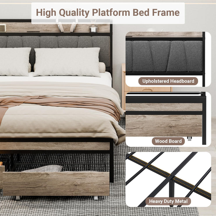 Queen Size Bed Frame with Charging Station, Storage Shelf Headboard with 2 USB Ports & 2 Power Outlets, Platform Bed Frame with 2 Drawers, No Box Spring Needed, Rustic Grey