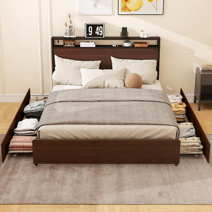 Full Size Bed Frame with 4 Storage Drawers, Full Platform Bed Frames with 2 Tier Storage Headboard, Charging Station, Adjustable LED Light, Noise-Free, No Box Spring Required, Reddish Brown