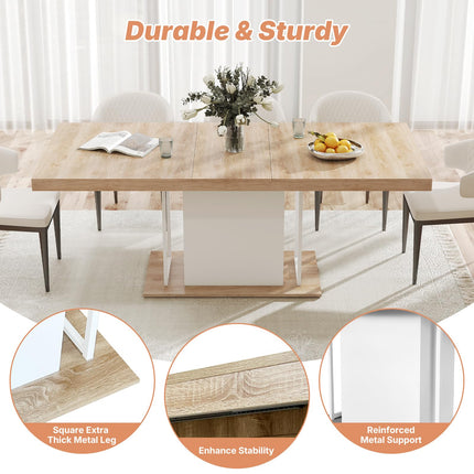 63"-78.7" Expandable Dining Table, 6-10 Farmhouse Kitchen Table, Extendable Dining Room Tables, Rectangular Table with Metal Track, Stable Central Column Base for Living Room, Home-Oak