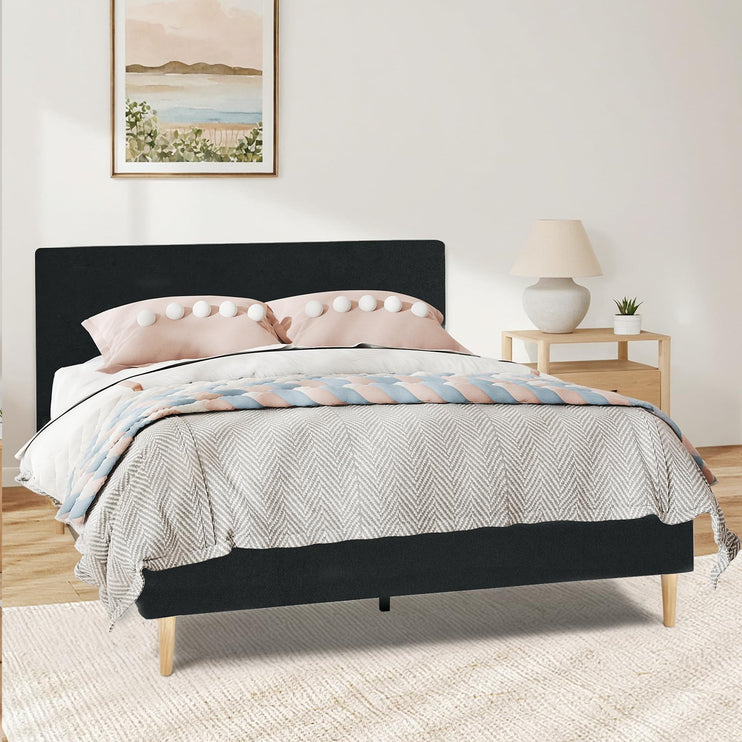 Upholstered Bed Frame Full/Queen/King, Velvet Upholstered Bed Frame with Headboard, Mattress Foundation with Sturdy Wooden Slats, No Box Spring Needed, No Noise, Black