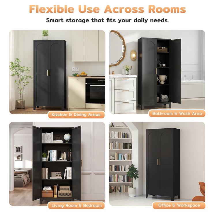 61" H Metal Kitchen Pantry Cabinet, Freestanding Cupboard with 2 Doors and 3 Adjustable Shelves, Tall Metal Storage Cabinet for Kitchen, Bathroom, Dinning Room or Laundry Room （Black）