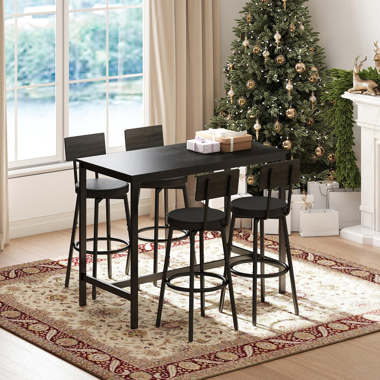 Dining Table Set for 4, 5-Piece Bar Table Set, Kitchen Table and Chairs, Counter Height High Top Table with 4 PU Upholstered Stools, Space-Saving Pub Tables Set for Small Space, Black