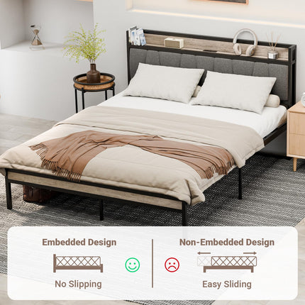 Queen Bed Frames with Charging Station, Dual USB Ports & Dual Power Outlets, Queen Size Bed Frame with Headboard, Wooden Platform Bed Frame