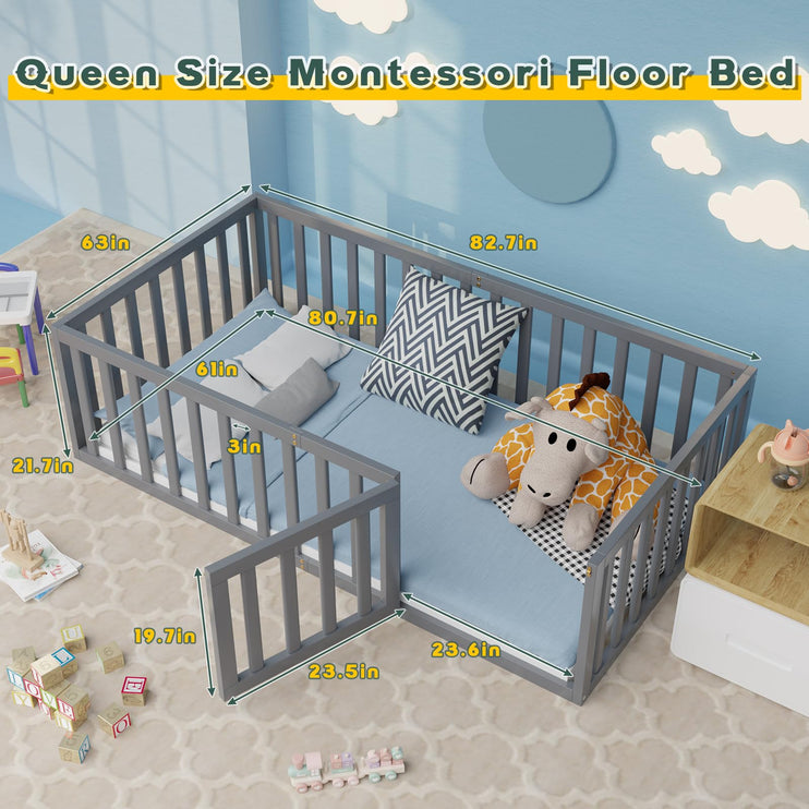 Queen Size Floor Bed for Kids & Children, Queen Montessori Floor Bed with Safety Guardrails and Door, Wood Floor Beds Frame for Boys and Girls, Easy Assembly(Grey)