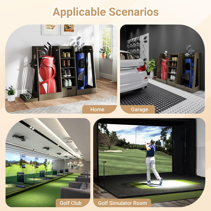 Wooden Golf Bag Organizer and Storage Rack, Golf Storage Organizer for Garage, Golf Bag storage Rack, Holds 2 Golf Bags and Other Golfing Equipment, Suitable for Garage Home Golf Club