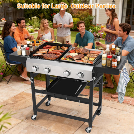 4 Burner Gas Grill and Griddle Combo with Foldable Side Table, Wheels, Stainless Steel Burners, Hooks, 38,240 BTU Gas Grill for Patio, Garden Barbecues