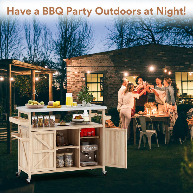 Outdoor Grill Cart with Storage, Stainless Steel Tabletop Outdoor Kitchen Island, Solid Wood Outdoor Buffet Cabinet with Wheels for Grilling, Light Wood Color