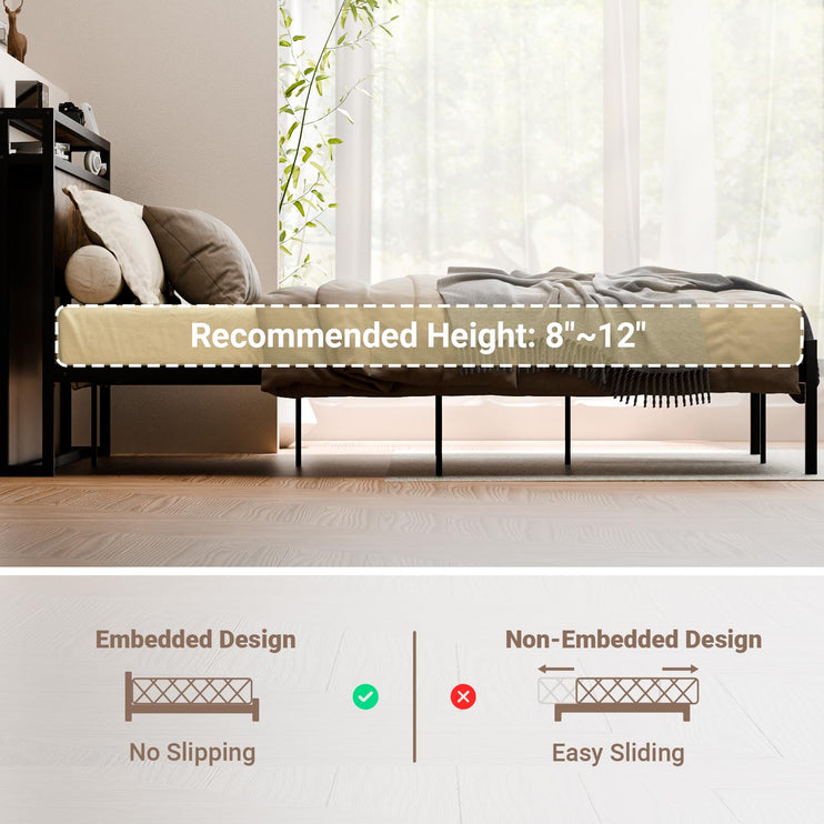 Full Size Bed Frame with Headboard, Headboard with Charging Station, 2 USB Port & 2 AC Power Outlet, Full Metal Platfrom Bed Frames No Box Spring Needed, Sturdy & Assembly, Brown