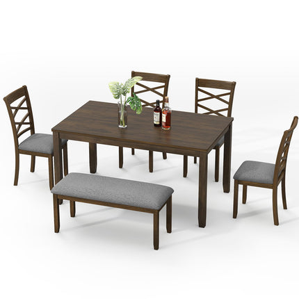 6-Piece Solid Wood Dining Table Set, Includes 1 Dining Table, 4 Upholstered Chairs and 1 Bench, Wooden Legs Dining Table Set for Dining Room, Kitchen, Restaurant, Walnut
