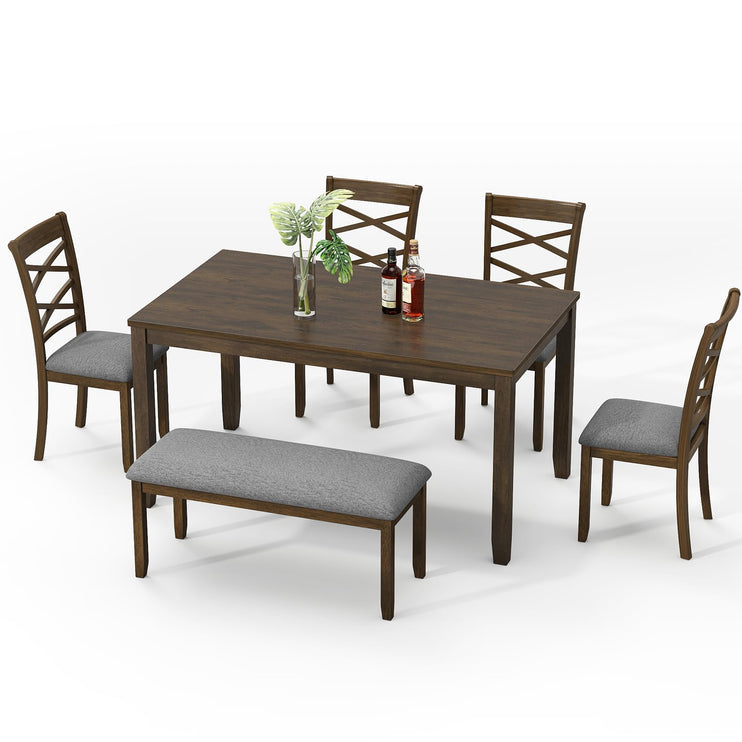 6-Piece Solid Wood Dining Table Set, Includes 1 Dining Table, 4 Upholstered Chairs and 1 Bench, Wooden Legs Dining Table Set for Dining Room, Kitchen, Restaurant, Walnut
