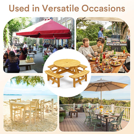8 Person Wood Picnic Table, Round Tabletop with Umbrella Hole, 4 Built-in Curved Benches, 2220LBS Total Capacity for Patios, Backyard, Light Wood Color