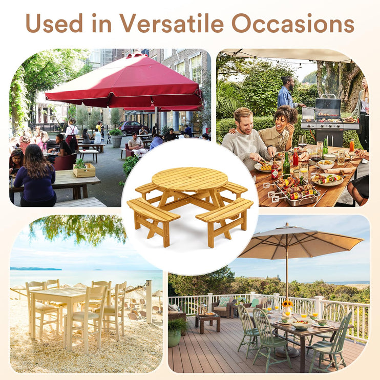 8 Person Wood Picnic Table, Round Tabletop with Umbrella Hole, 4 Built-in Curved Benches, 2220LBS Total Capacity for Patios, Backyard, Light Wood Color