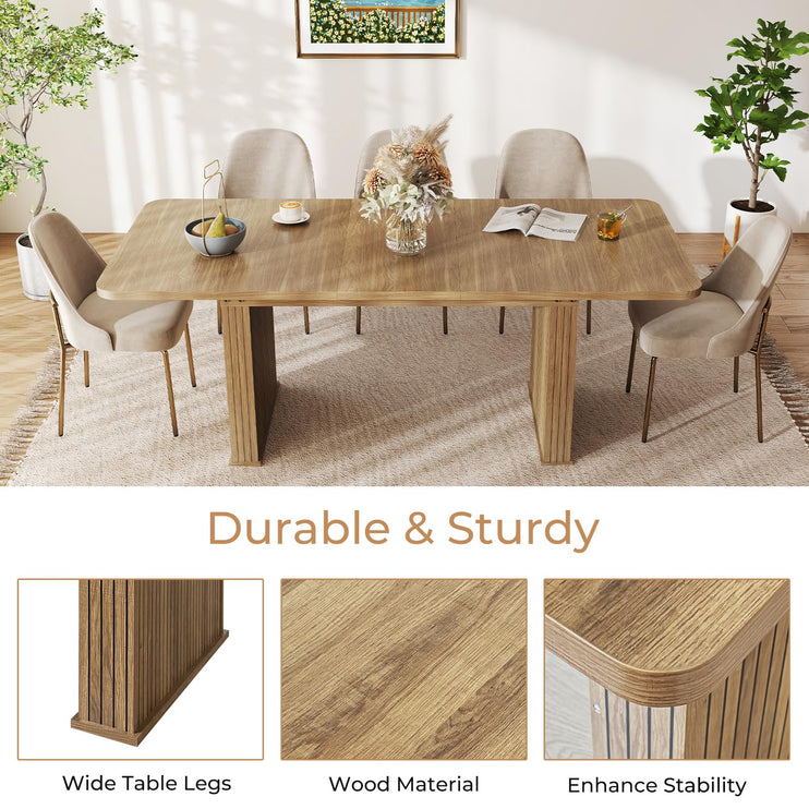63"-78.7" Expandable Dining Table, 6-10 Farmhouse Kitchen Table, Rectangular Extendable Dining Table, with Metal Slide Track, Widened Wood Striped Legs for Dining Room-Beige Brown
