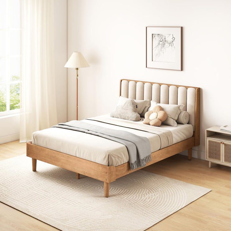 Wood Queen/King Bed Frame with Piano Key Style Upholstered Headboard, Sturdy Solid Wood Framework & Wooden Slat Support, No Box Spring Required, Wheat
