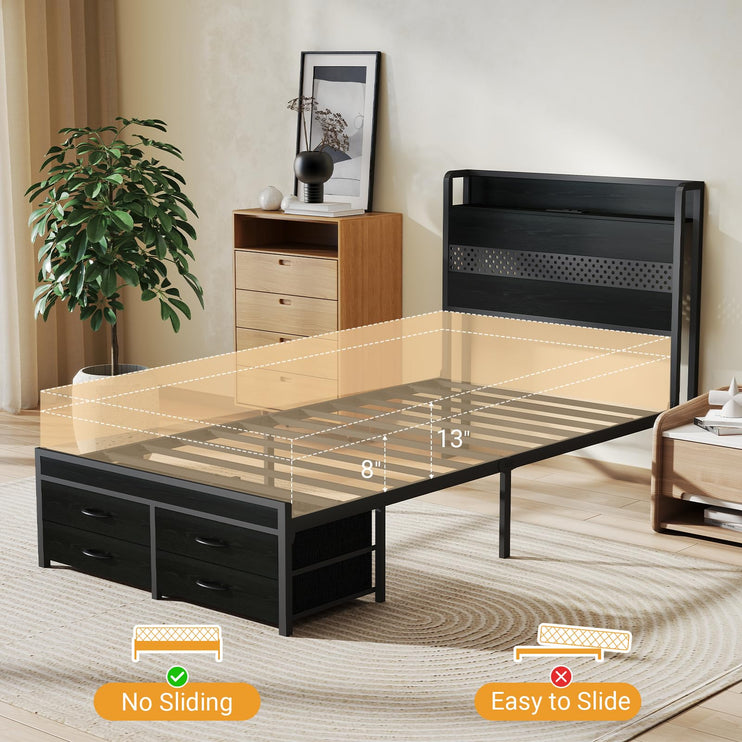 Twin Bed Frame with Storage Drawers, Twin Metal Bed Frame with LED Light and Charging Station, Heavy Duty Metal Slats, No Box Spring Needed, Black