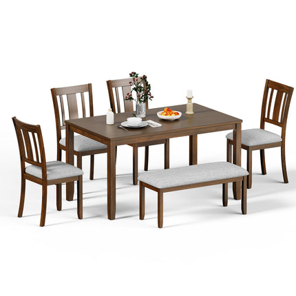 6-Piece Wooden Dining Set, Dining Table & Chair Set for 6, Includes Dining Table, 4 Upholstered Chairs & 1 Bench, Dining Table with Wood Legs, Table Set for Dining Room, Kitchen, Walnut