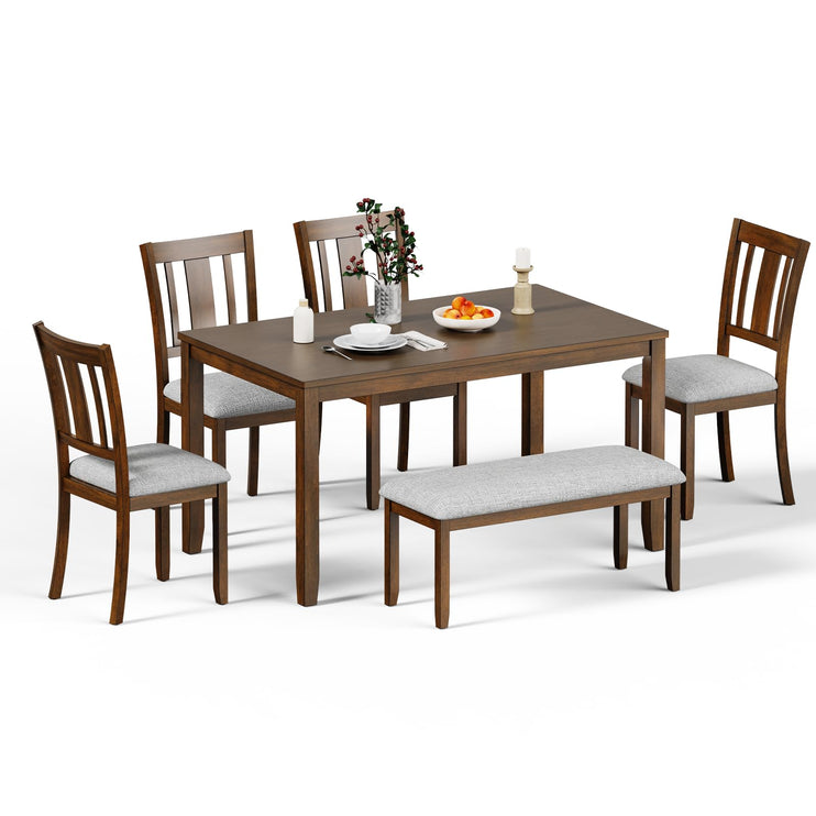6-Piece Wooden Dining Set, Dining Table & Chair Set for 6, Includes Dining Table, 4 Upholstered Chairs & 1 Bench, Dining Table with Wood Legs, Table Set for Dining Room, Kitchen, Walnut
