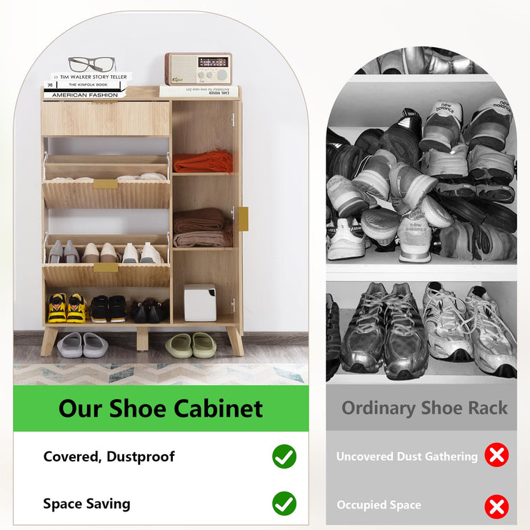 Shoe Storage Cabinet with Mirror, Flip Drawer Shoe Cabinet with Side Cabinet, Anti-Tip Design, Shoe Organizer Cabinet for Entryway, Front Door, Foyer, Hallway, Light Wood Color