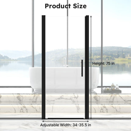Adjustable 34-35.5" W x 75" H Semi-Frameless Pivot Shower Door, 1/4" (6mm) Clear Tempered Glass Shower Door, Pivot Swing Shower Glass Door, Reversible Installation, Black