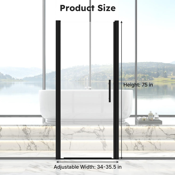 Adjustable 34-35.5" W x 75" H Semi-Frameless Pivot Shower Door, 1/4" (6mm) Clear Tempered Glass Shower Door, Pivot Swing Shower Glass Door, Reversible Installation, Black
