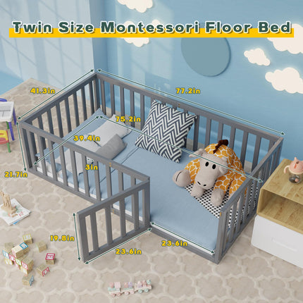Twin Size Floor Bed for Kids & Children, Twin Montessori Floor Beds with Safety Guardrails and Door, Wood Beds for Kids & Childrens, Boys and Girls, Easy Assembly(Grey)