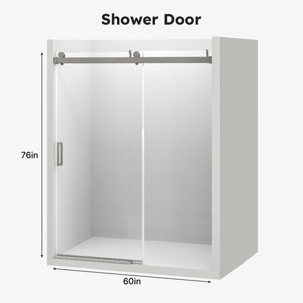 56"-60" W x 76" H Shower Door, Frameless Sliding Shower Glass Door with 1/4" (6mm) Clear Tempered Glass, Noiseless & Shatterproof Shower Door, Reversible Installation, Brushed Nickel